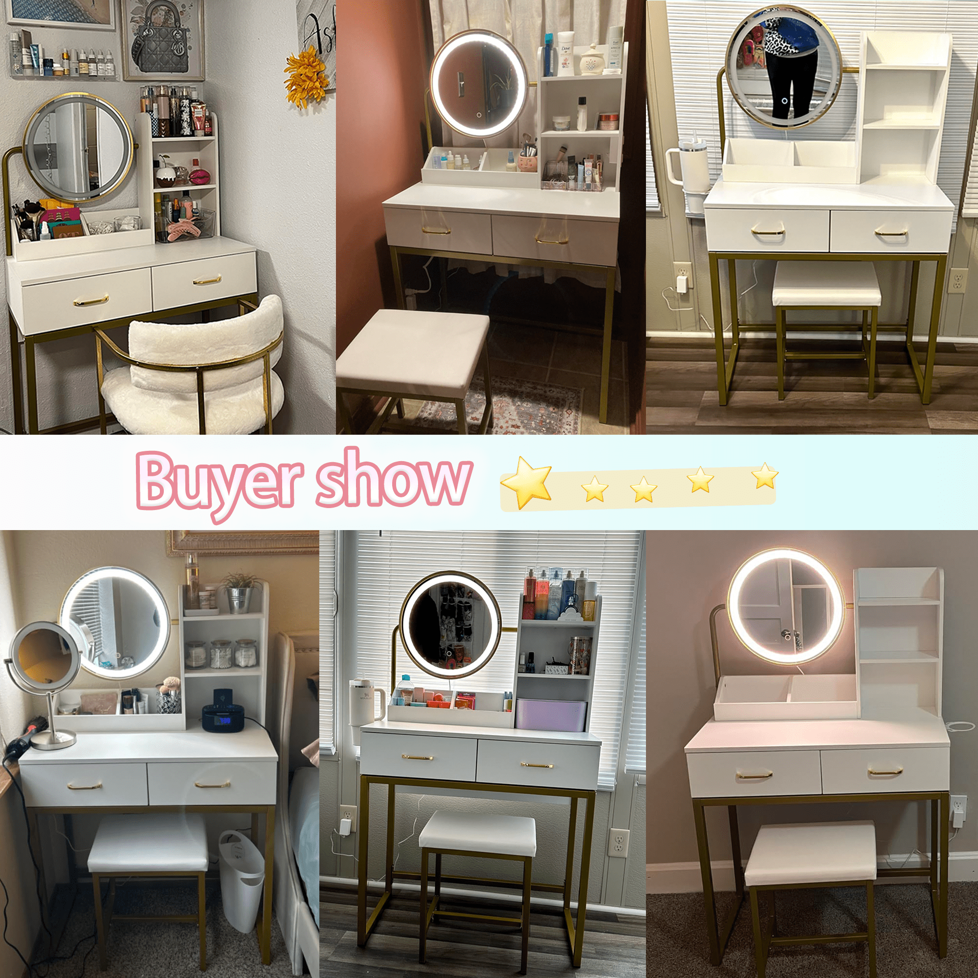 VEANERWOOD Vanity Desk with Lights and Round Mirror, Modern Vanity Makeup Table with 2 Drawers, White
