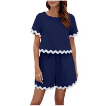 cfhntfmh 2 Piece Lounge Sets for Women Scallop Trim Short Sleeve Crewneck T-Shirts Comfy Shorts Color Block Outfits