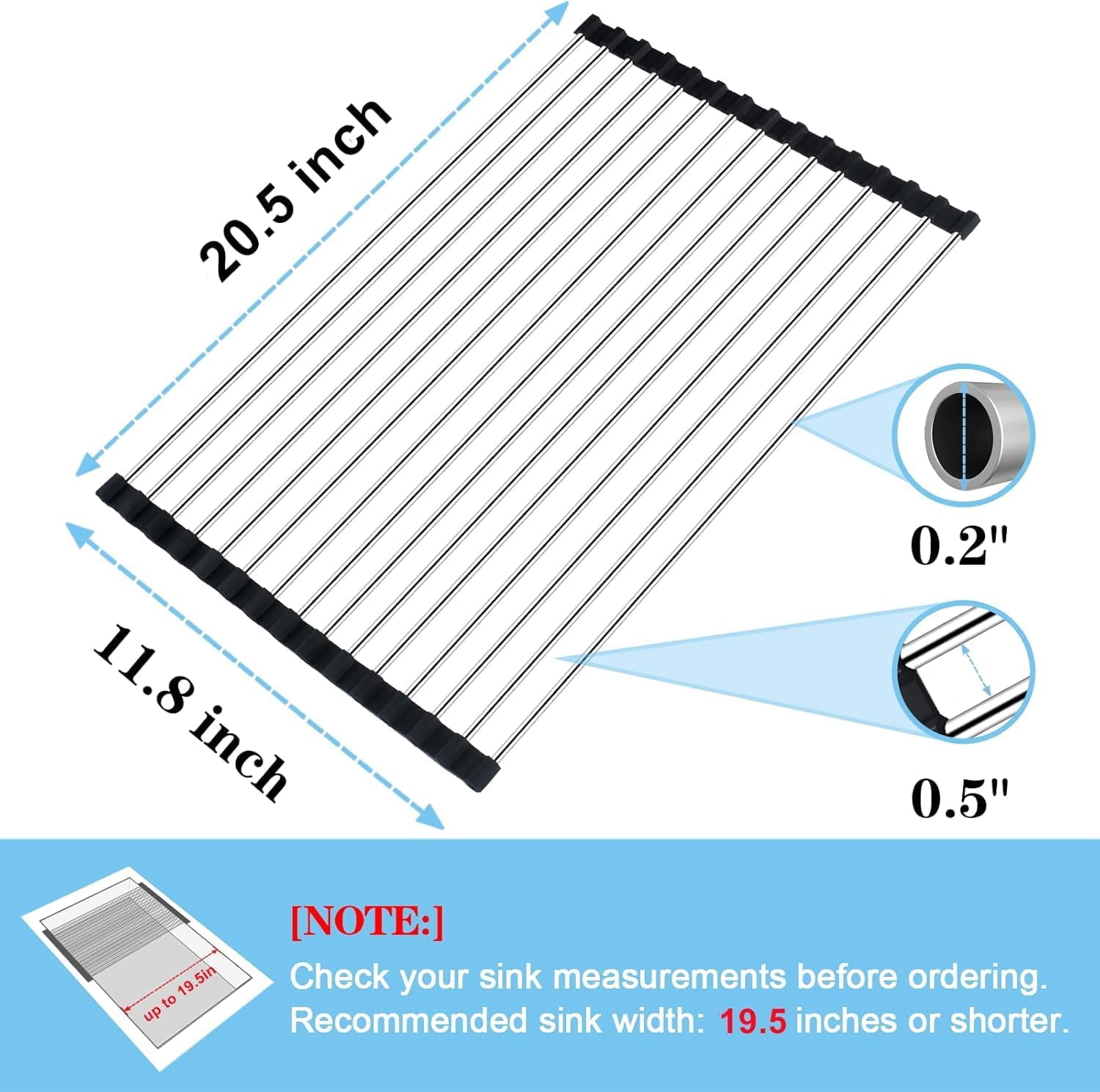 JJEAN-Roll Up Dish Drying Rack Over the Sink Drying Rack for Kitchen Counter, Rolling Dish Rack Over Sink Mat, Foldable Dish Drainer Stainless Steel Rack Kitchen Organization Gadgets 20.5"x11.8"