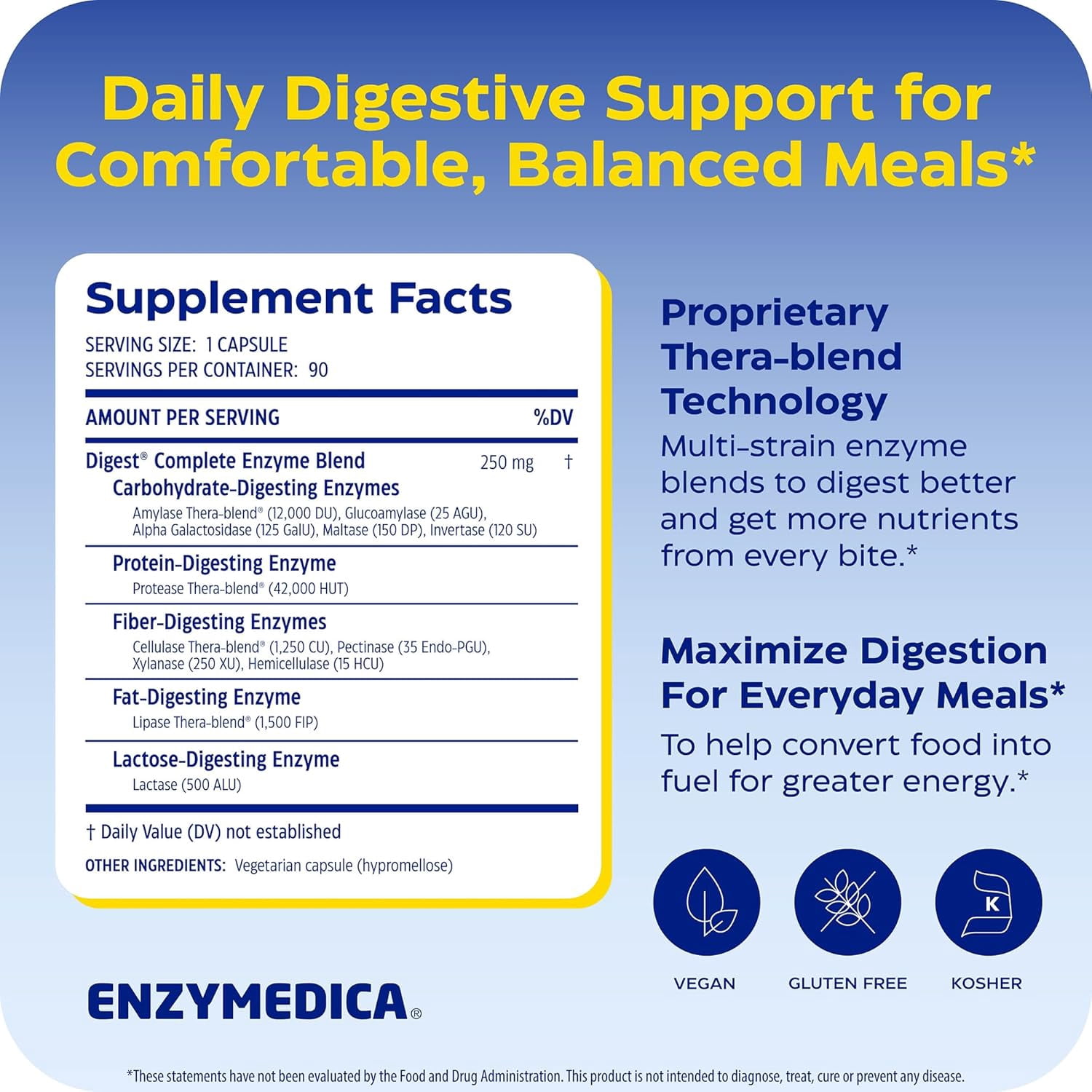 Enzymedica Digest Complete, Digestive Enzyme Supplement for Men & Women, Support for Gut Health, Eases Gas & Bloating, Vegan & Kosher- 90 Capsules