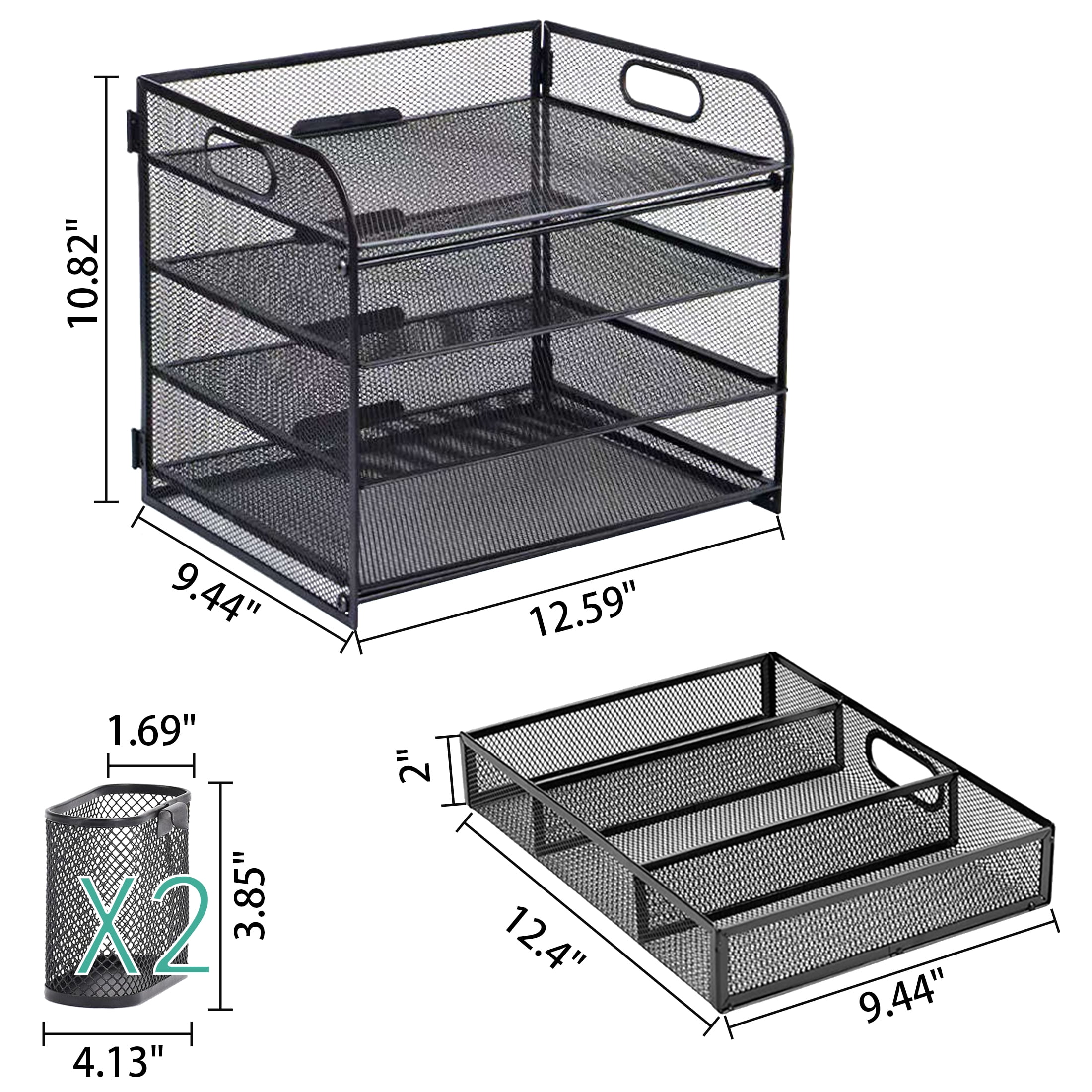 cisilov Desk Organizer, 4-Tier Paper Letter File Organizers with 2 Pen Holder, Mesh Desktop Organizer for Office Organization and Storage, Black