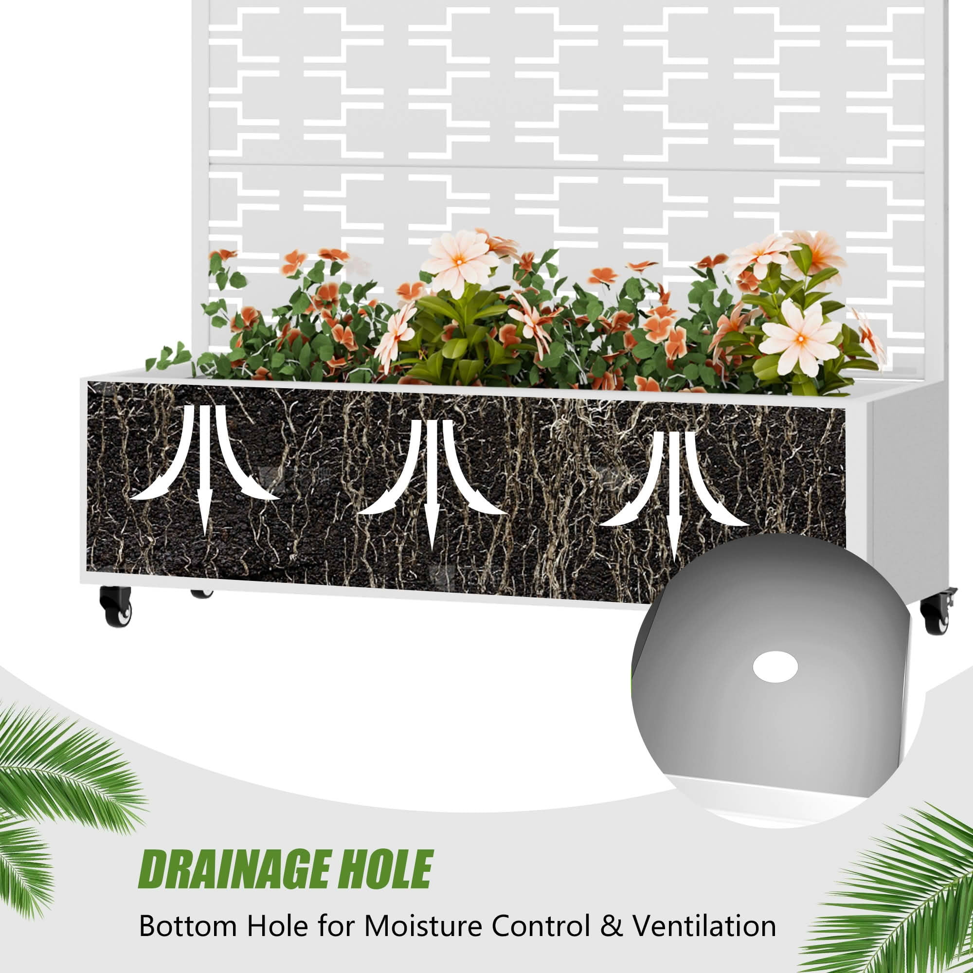 MAYEERTY 72X47" Metal Outdoor White Privacy Screen with Planter Box for Backyard & Garden, 5 Piece Set