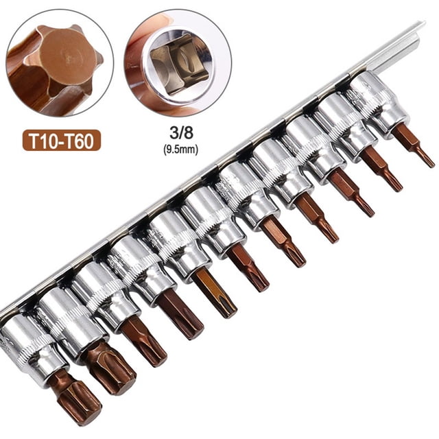 Lefu 11PCS 3/8 1/4inch Drive Alloy Torx Screwdriver Bits Socket Bit T10-T60 Hand Tool
