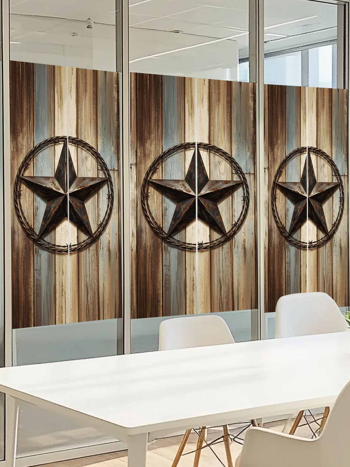 Country Star Window Privacy Film, Farmhouse Star Brown Beige Wood Grain Frosted Glass Window Clings Static Cling UV Heat Blocking Reusable Door Sticker for Bathroom 29.5 x 118 Inch