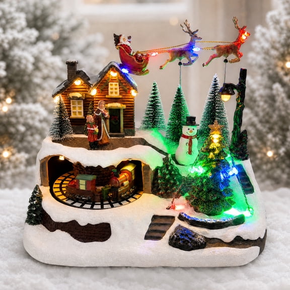 Christmas Animated Village Decorations, Christmas Houses Set with Santa & Flying Reindeer Sleigh, Spinning Train, LED Lights, Carols, Xmas Holiday Collectible Buildings for Home Tabletop Décor Gift