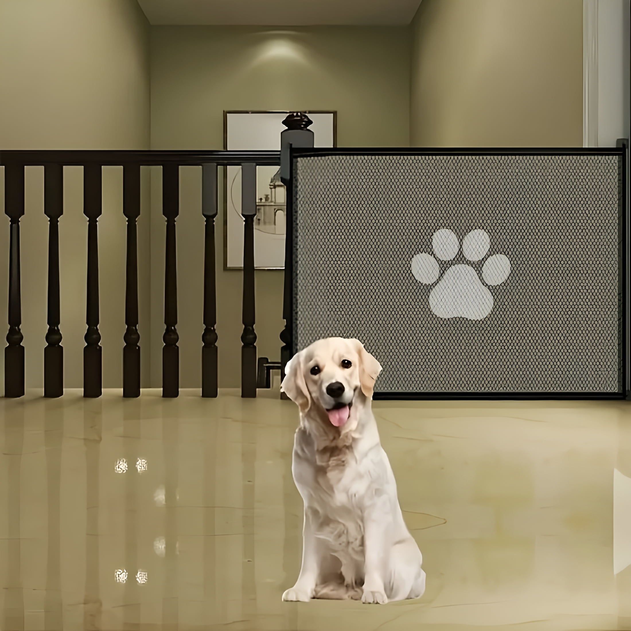 LAMIRO Retractable Expandable Mesh Dog Gate for Indoor and Outdoor Use - Tall Free Standing Pet Barrier with Door, Fits Stairs, Wide Doorways(Extra Long)