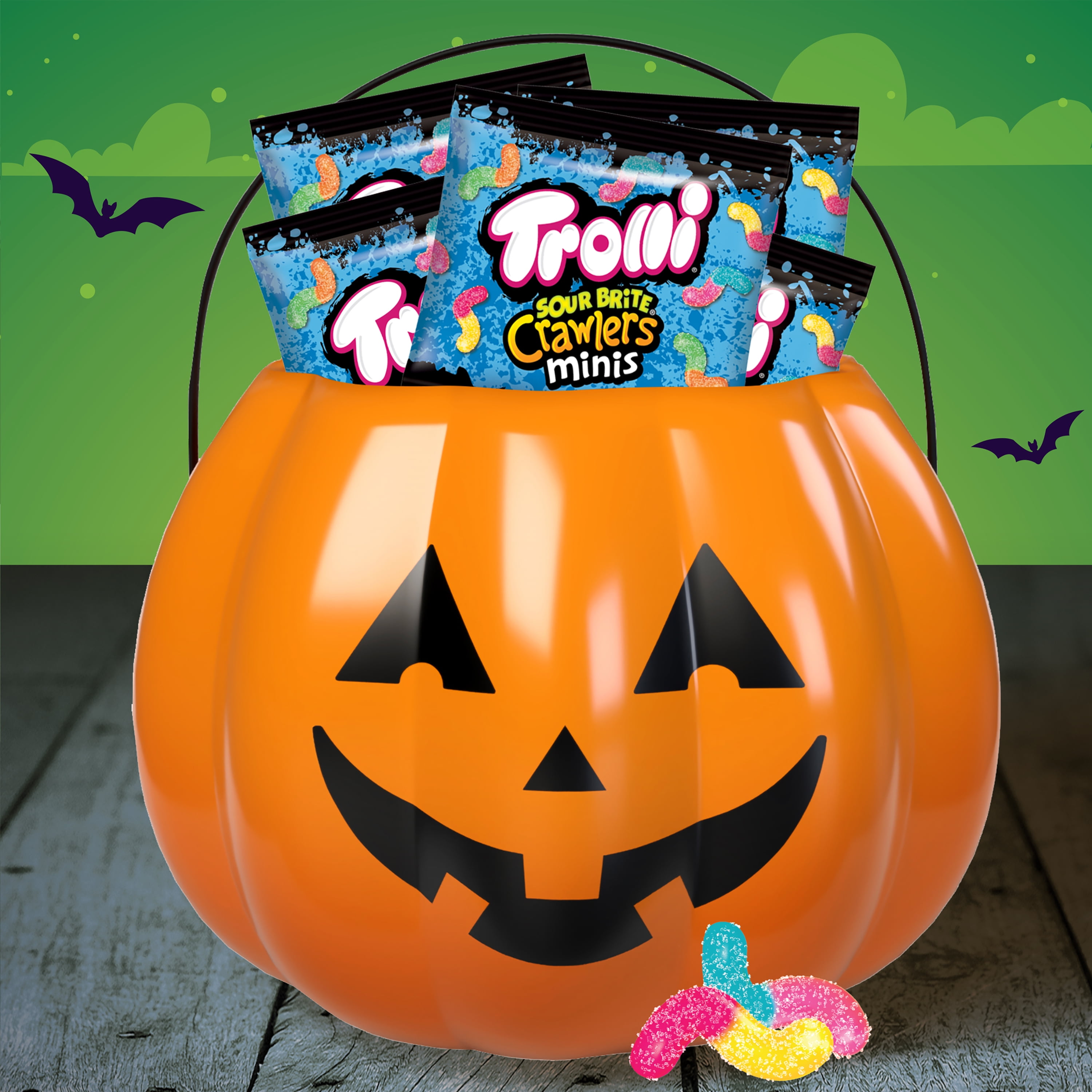 (3 pack) Trolli Sour Brite Crawlers, Halloween Sour Candy Treat Packs, 7.2 oz Bag, 12 Count