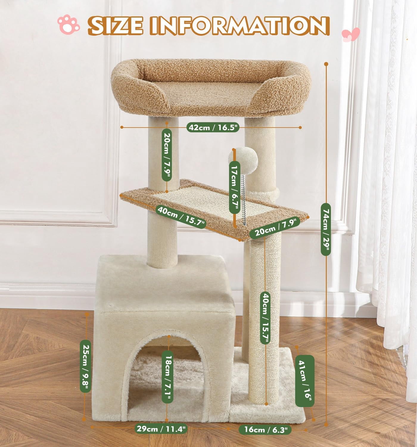 Made4Pets 29" High Multi-Level Climbing Furniture Carpet Cat Tree for Indoors Cats, Brown