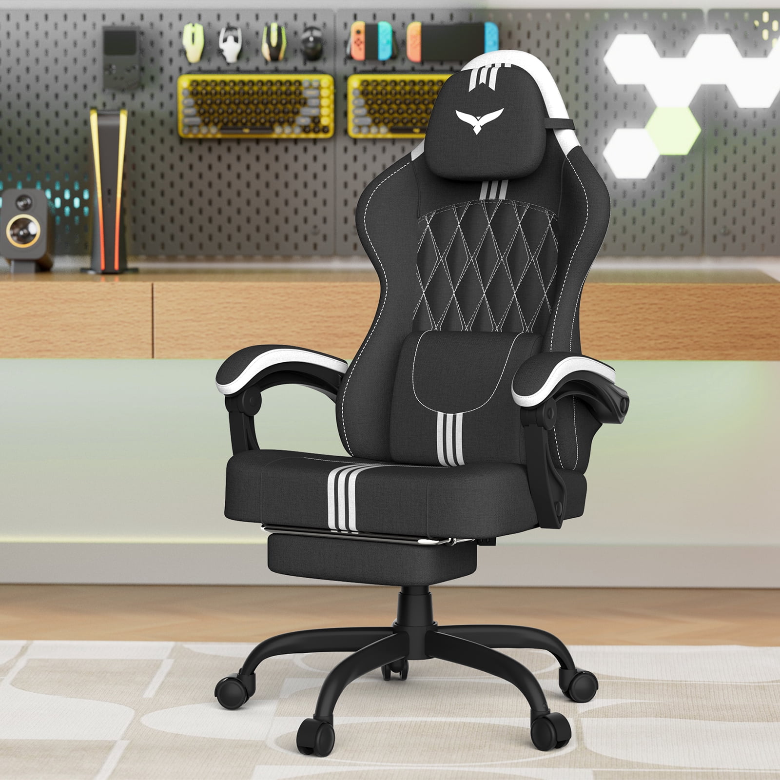 Luxvie Velvet Fabric Gaming Chair With Footrest, Ergonomic Comfortable Video Gamer Chair For Adult, Reclining Office Computer Desk Game Chairs With Massage Lumbar Cushion and Headrest, Black&White