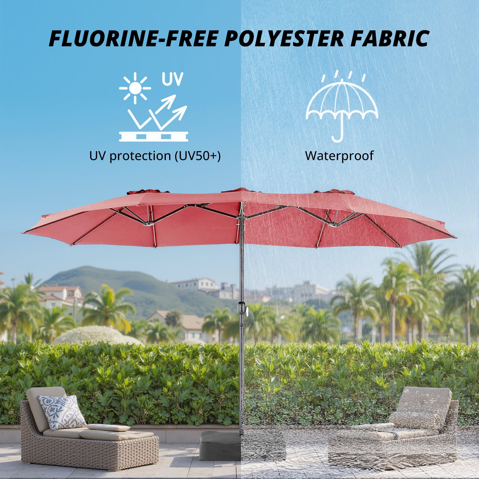 Betcozy Patio Umbrella with Base, 15ft Large Double-Sided Rectangle Umbrella, Outside Market Umbrellas for Deck, Poolside, Backyard, Red
