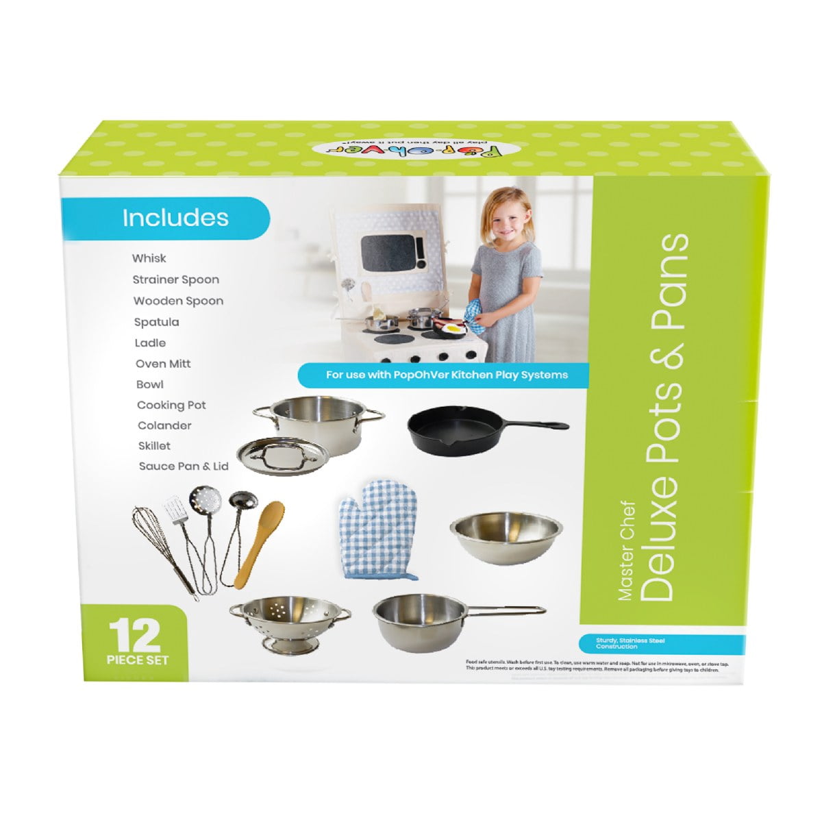 PopOhVer Deluxe Pots & Pans Set 12 Piece Playset - Stainless Steel