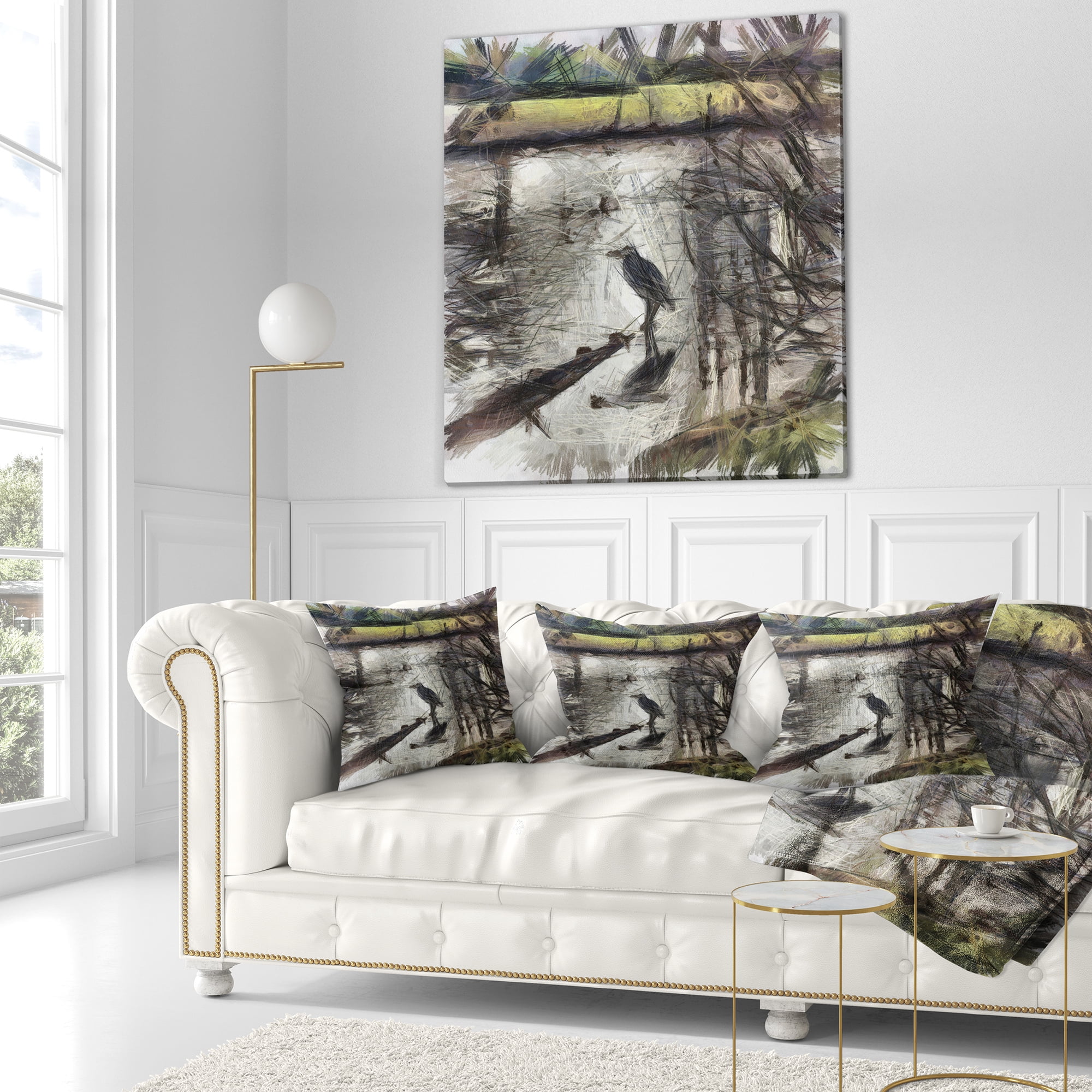 Designart Bird in National Park Watercolor - Landscape Printed Throw Pillow - 16x16
