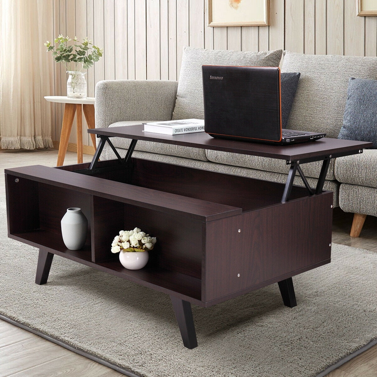 Kepooman Wood Lift Top Coffee Table with Hidden Compartment and Storage Shelves Modern Furniture Kepooman Wood Lift Top Coffee Table with Hidden Compartment and Storage Shelves Modern Furniture