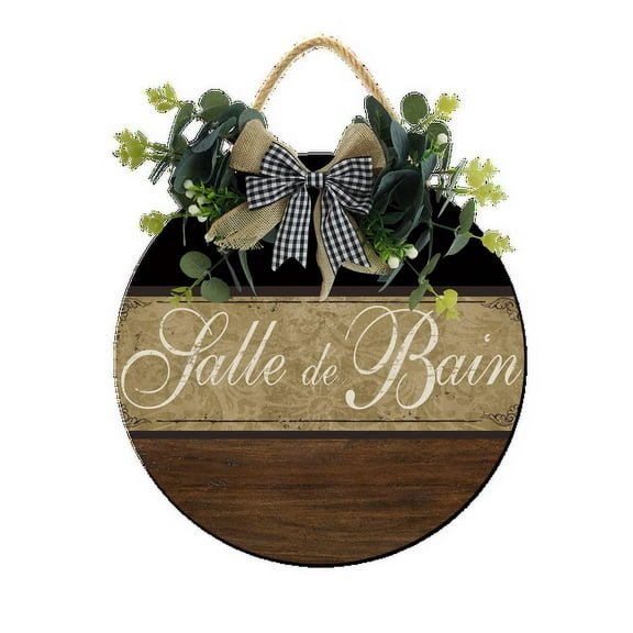 Eveokoki Salle De Bain Bathroom Front Door Sign Funny Wreaths Hanging Wooden Plaque Decoration Round Rustic Wood Farmhouse Porch Decor for Home Front Door Decor, 12 x 12 Inch