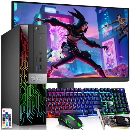 Restored BTO RGB Gaming Desktop Computer PC Quad-Core i5-6th Gen – 16GB DDR4 Ram – 512GB SSD   2TB HDD – NVIDIA GeForce GT 1030 DDR5 – New 24" Monitor – RGB Set – Windows 11 Pro – WiFi (Refurbished)