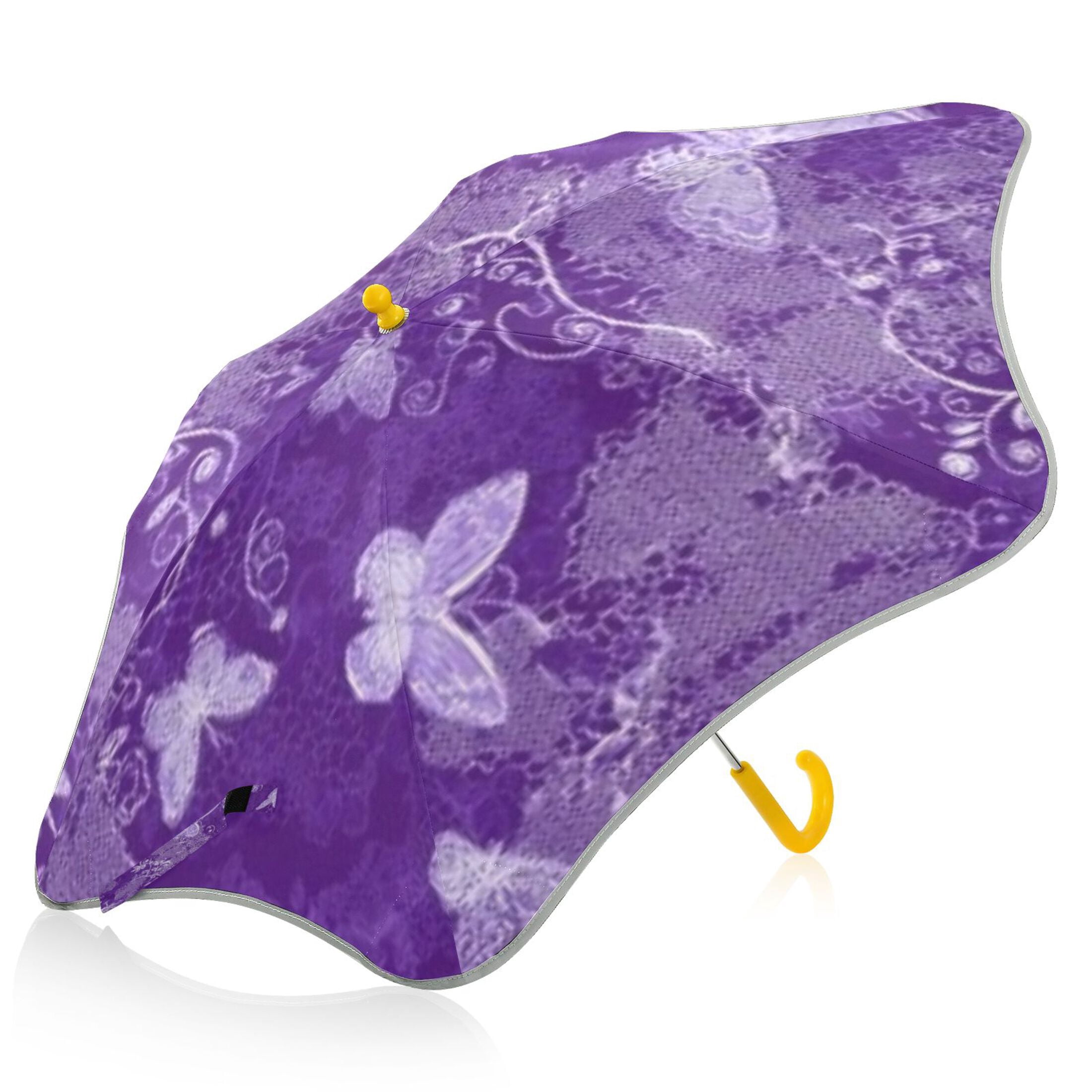 BZSMCE Folding Umbrellas Rain & UV Protection Windproof In Purple Lace Butterfly Botanical Pattern