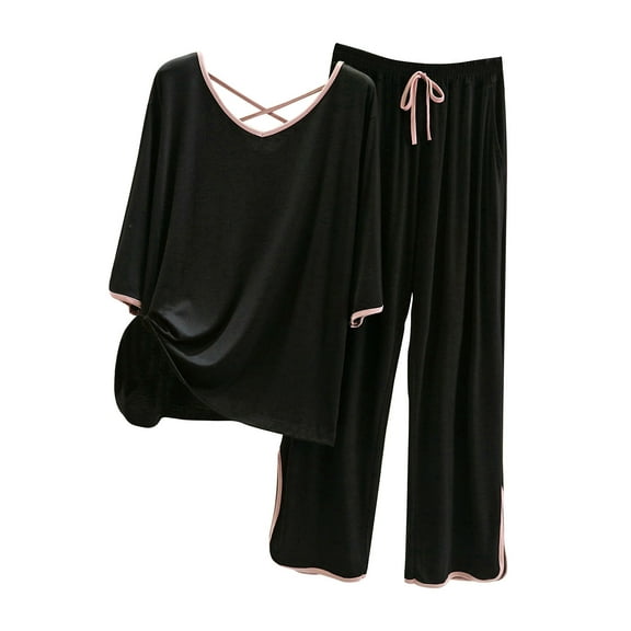 Giftesty Womens Two Piece Homewear Outfits Women's Thin Pajamas Loose Casual Ice Silk Long Sleeved Capris Home Clothing Set