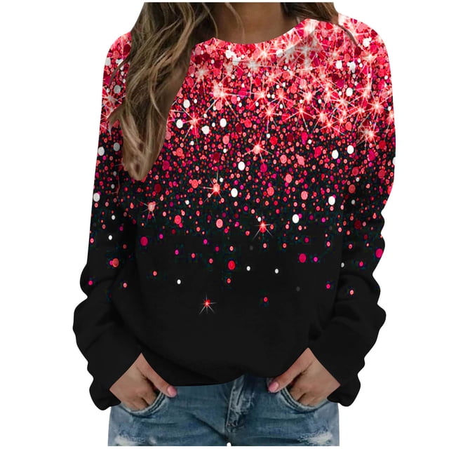 Bowake Sweat à Manches Longues à Sequins pour Femmes Col Rond Décontracté Hauts Pailletés pour Sortir Blouses de Fête