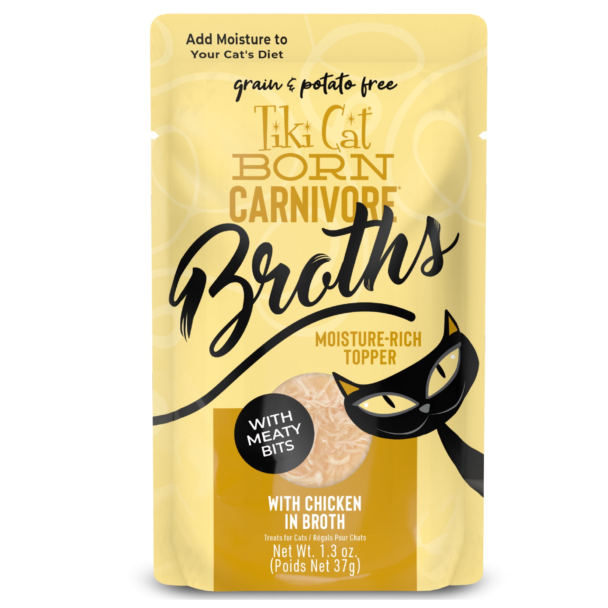 (4 pack) Tiki Cat Born Carnivore Broths Wet Cat Food Topper, Chicken, 1.3 oz. Pouch