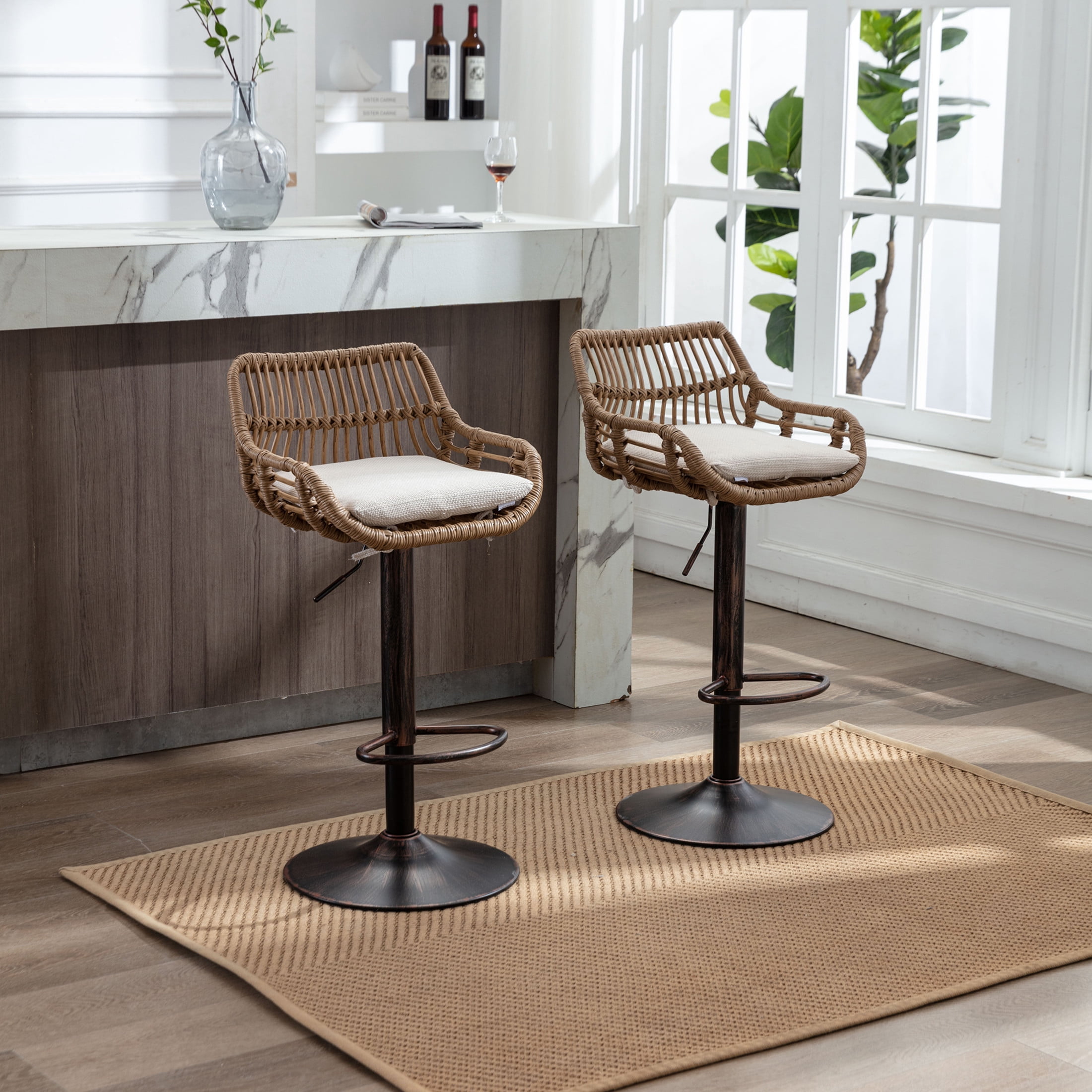 Noble House Swivel Bar Stools Set of 2, Adjustable Linen Counter Height Chairs with Footrest, Beige