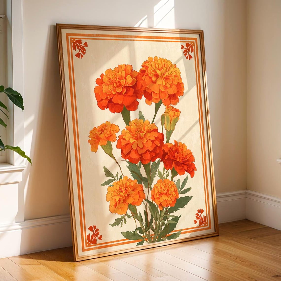 Marigold Wall Art | Día de los Muertos | Mexican Folk Art Floral Poster | Autumn Botanical | Fall Altar Decor Unframed Paper Print