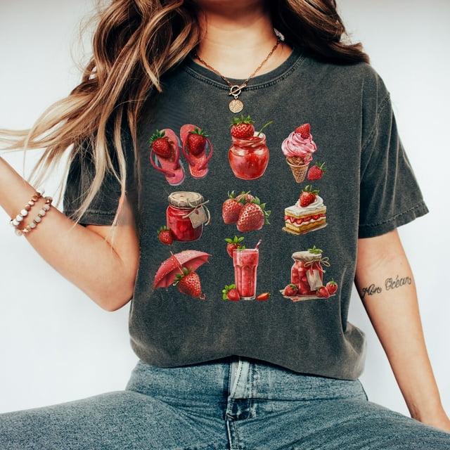 Comfort Color T-Shirt Fraise, T-Shirt Été Fraise, collage Fraise, Paille - Poivre - m