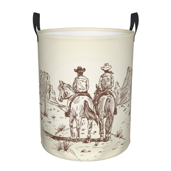 Balery Two Cowboys Riding Horses In The Desert Cesta de ropa redonda con asas, impermeable, independiente, para ropa, juguetes, dormitorio y familia-Medium
