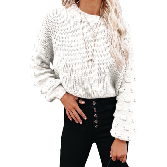 Asyoly Women's Crew Neck Chunky Knit Sweater Long Lantern Sleeve Casual Oversized Pullover Cute Jumper Solid Color Tops