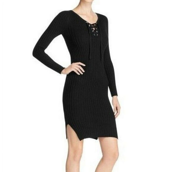Aqua BLACK Women's Lace Up Rib Knit Sweater Dress, US Small