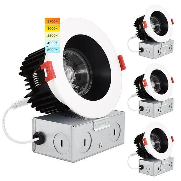 Luxrite 4 Inch LED Recessed Light, 15W, 5 Color Selectable, 1100 Lumens, Dimmable, Wet Rated - White Black Trim 4-Pack