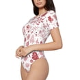 thumbnail image 2 of KLL Women 's Crew Neck Bodysuit Jumpsuits Flower Leaves Print Short onesies Stretch T Shirts, 2 of 7