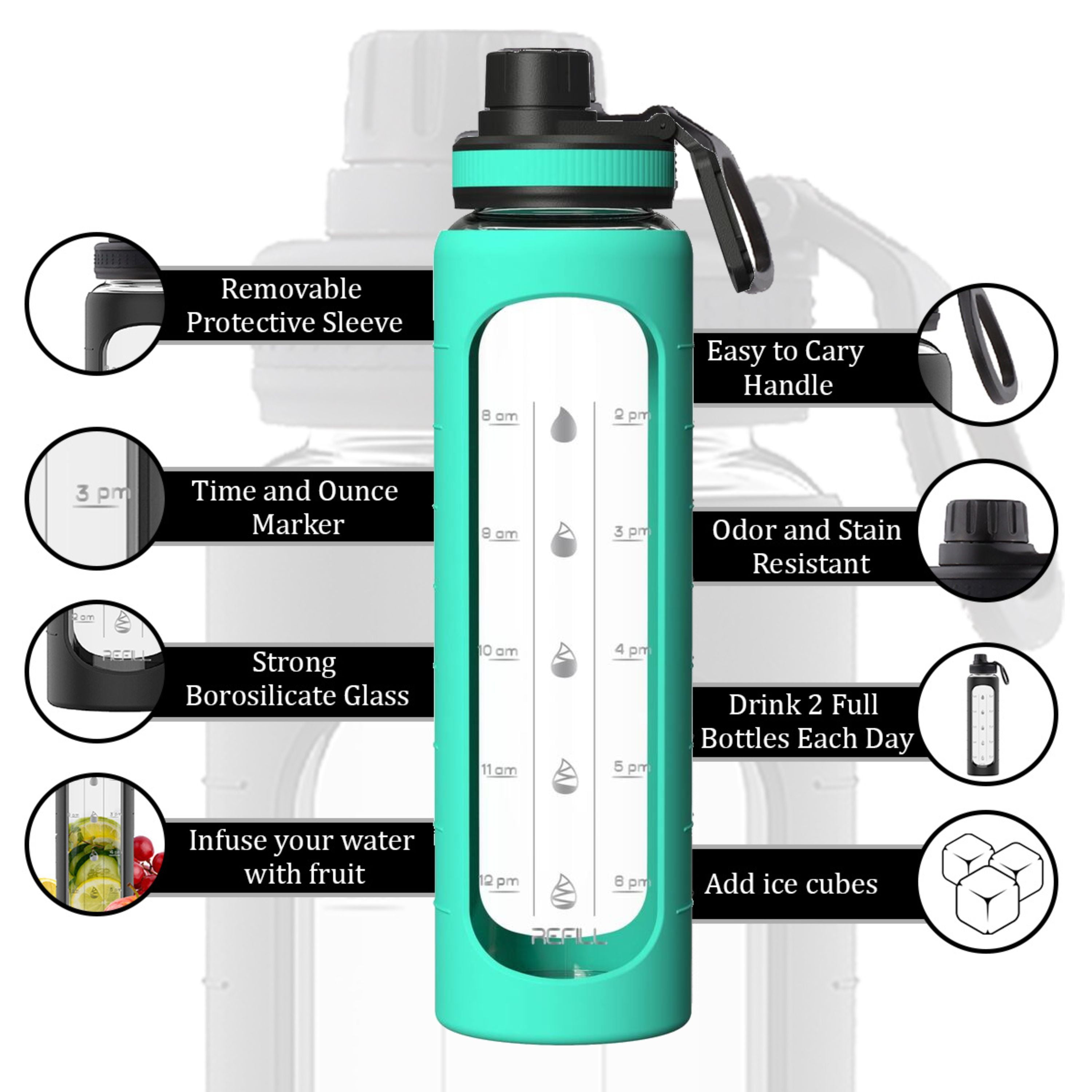32 oz Glass Water Bottle with Time Marker and Water Bottle Holder
