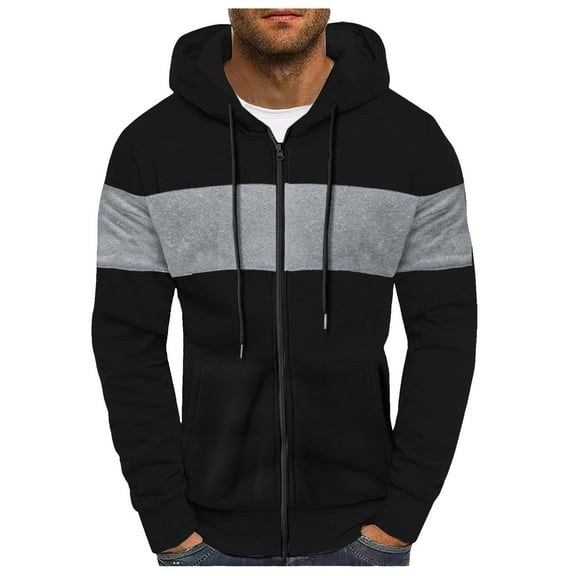 VNKIDY Men's Hoodies Autumn Winter Color Block Oversized Zipper Coat Thermal Long Sleeve Loose Fit Hooded Sweatshirt For Cold Weather Stylish Tops