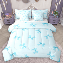 Manfei Princess Bow Knot Bedding Comforter Set 7-Piece, Cute Bowtie Full Bedding Set for Girls, Blue Bow Ribbon Fitted Sheet Flat Sheet, Microfiber Bedroom Decor