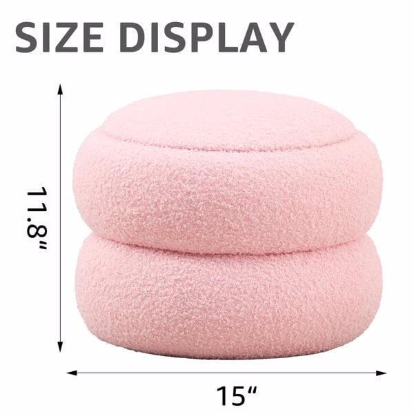 Storage Ottoman, Round Teddy Velvet Footrest with Tray, Macaron-Shaped Stool, Modern Side Table, Small Ottoman for Living Room, Bedroom, and Hallway Decor- Pink