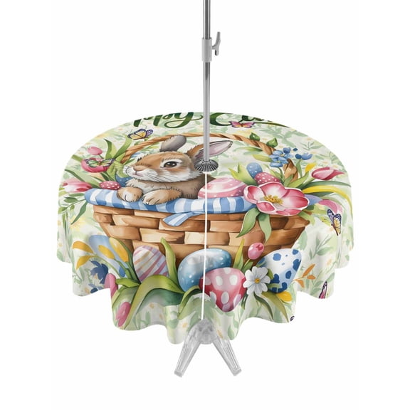 Outdoor Tablecloth with Umbrella Hole and Zipper, Easter Round Table Cloth 60 Inch Waterproof Tablecloth, Spring Floral Easter Eggs Bunny Tulip Butterfly Picnic Table Cover for Patio Camping