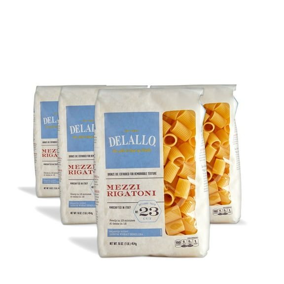DeLallo Mezzi Rigatoni Pasta, Non GMO, Kosher, 16 oz Bag, (4 Pack)