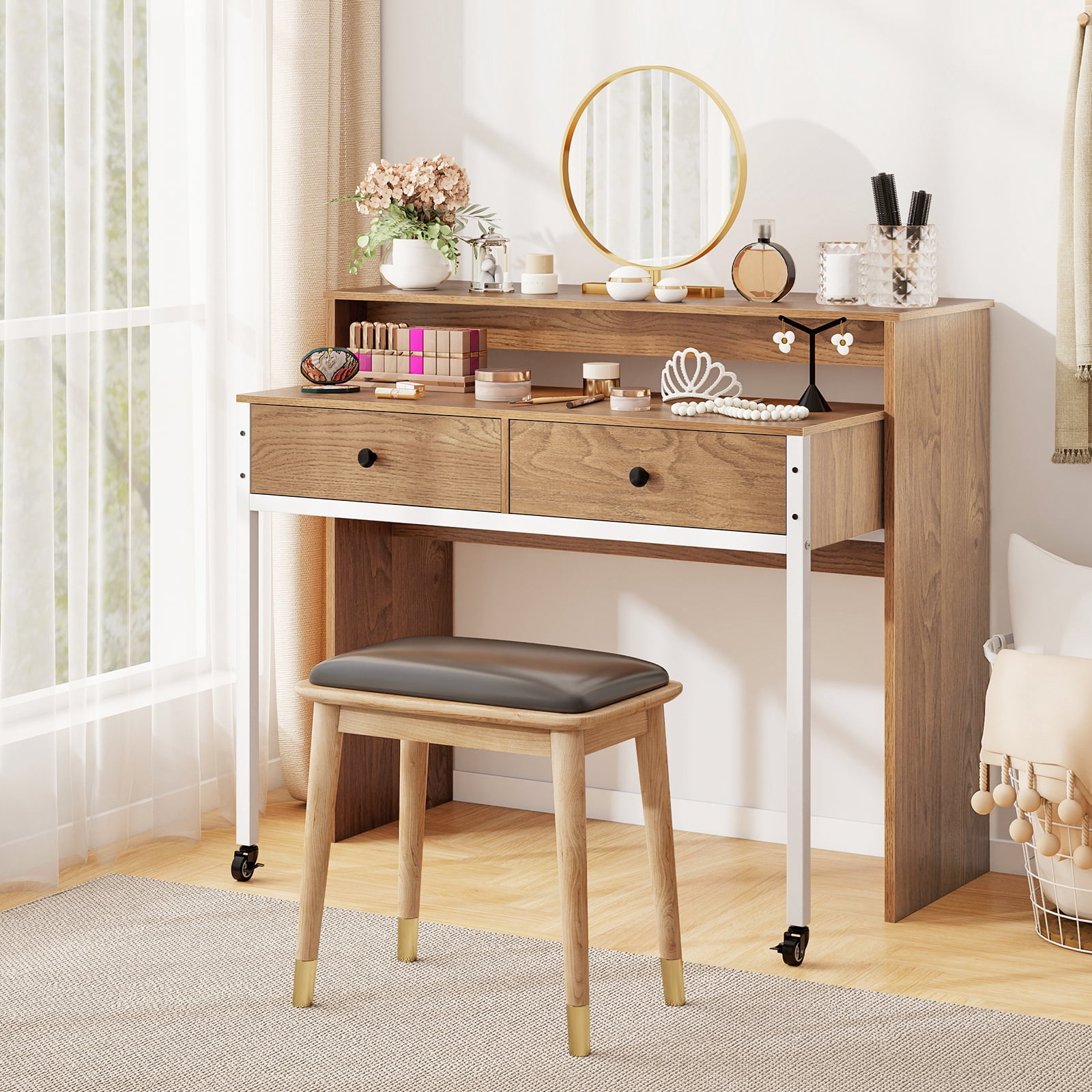 Gymax Extendable Computer Desk w/ 2 Storage Drawers & Monitor Shelf