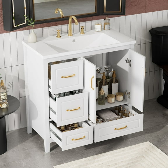 36 Inch Modern Freestanding Bathroom Vanity with Resin Sink Combo, 4 Drawer, 2 Door, Soft Closing, White