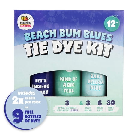 Blue Colors Tie Dye Kit In Beach Bum Blue Tie Dye - Custom Clothing Dye With 6 Refills For Summer Fun - Soda Ash - Ties - Tie Dye Party Supplies With Aqua Tie Dye Techniques Guide DIY