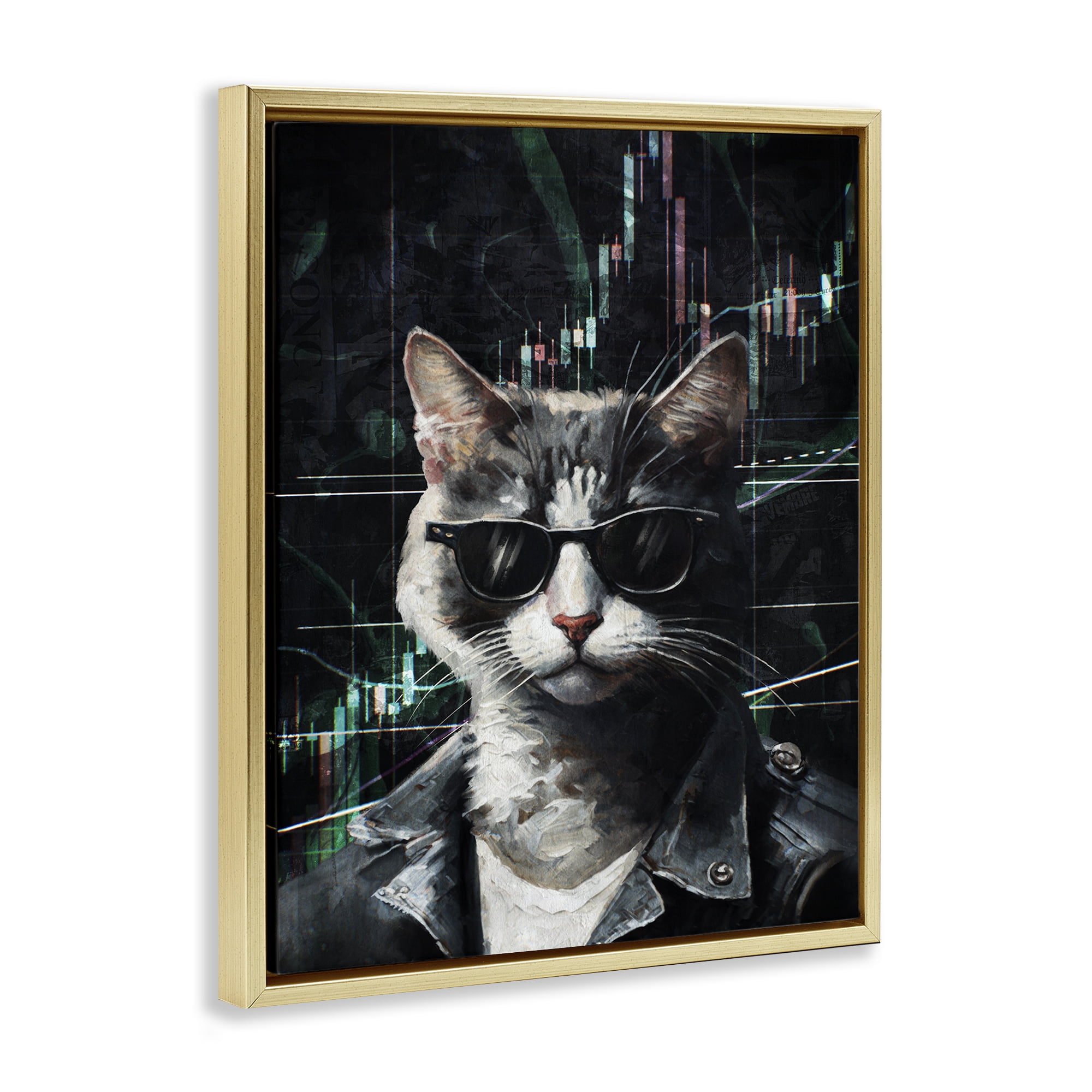 Stupell Industries Trendy Cat Sunglasses Animals Painting Gold Floater Framed Canvas Art Print Wall Art, 17 x 21