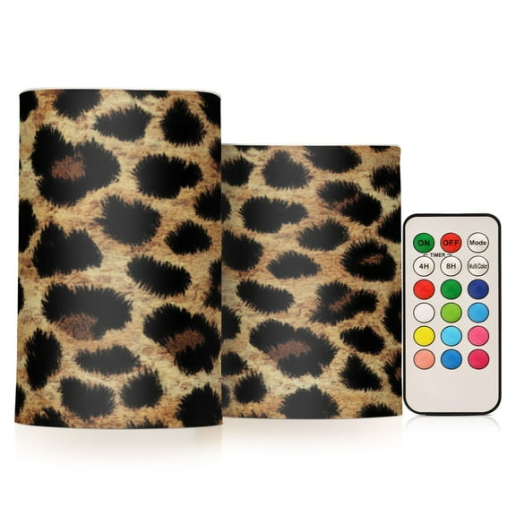 2 PCS Flameless Candles with Remote Timer LED Battery Operated Flickering Candle Light for Wedding Table Home Decoration Gifts Leopard Print Fabric Texture