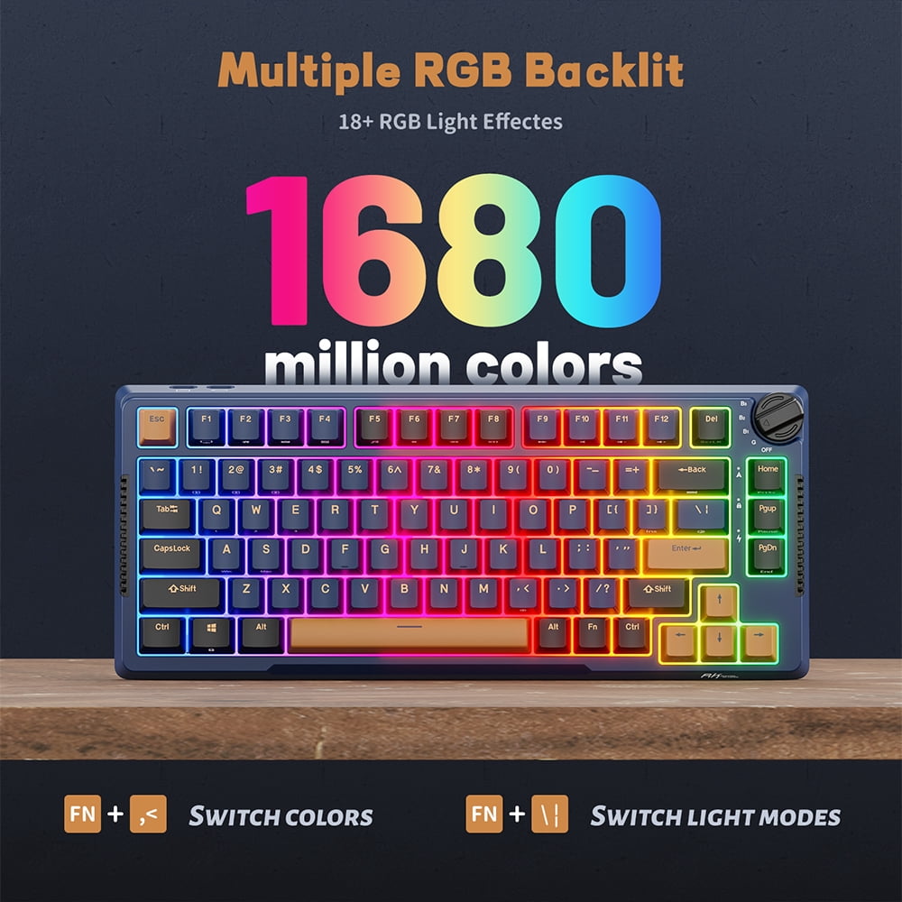 RK ROYAL KLUDGE H81 Hot Swappable Mechanical Keyboard Triple Mode 2.4G Bluetooth USB-C Knob Control Wireless Gaming Keyboard Gasket Mounted with RGB Backlit SkyCyan Switch 75% Layout 81 Keys Black