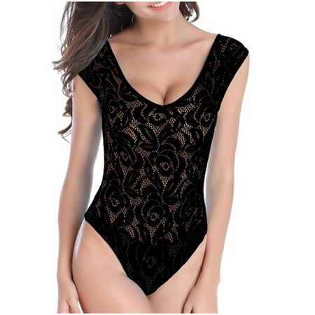 Oplxuo Floral Lace One Piece Swimsuit for Women Sexy Open Back Tummy Control Bathing Suit Short Sleeve Beach Swimwear