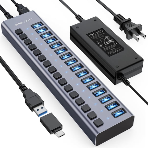 Powered USB 3.0 Hub, ACASIS 16 Ports USB 3.0 Hub with 5Gbps Data Speed,Aluminum Housing, USB Hub Powered with 90W Power Adapter, USB Hub for P
