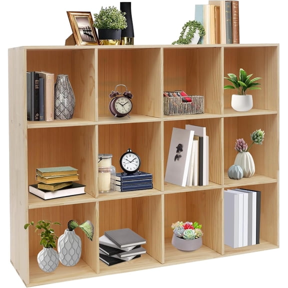 Hanyu 12 Cube Storage Organizer - Solid Wood Bookshelf - Cube Shelf - Vertical or Horizontal Bookcase - Open Book Shelf - Easy Assembly for Bedroom, Living Room, Office