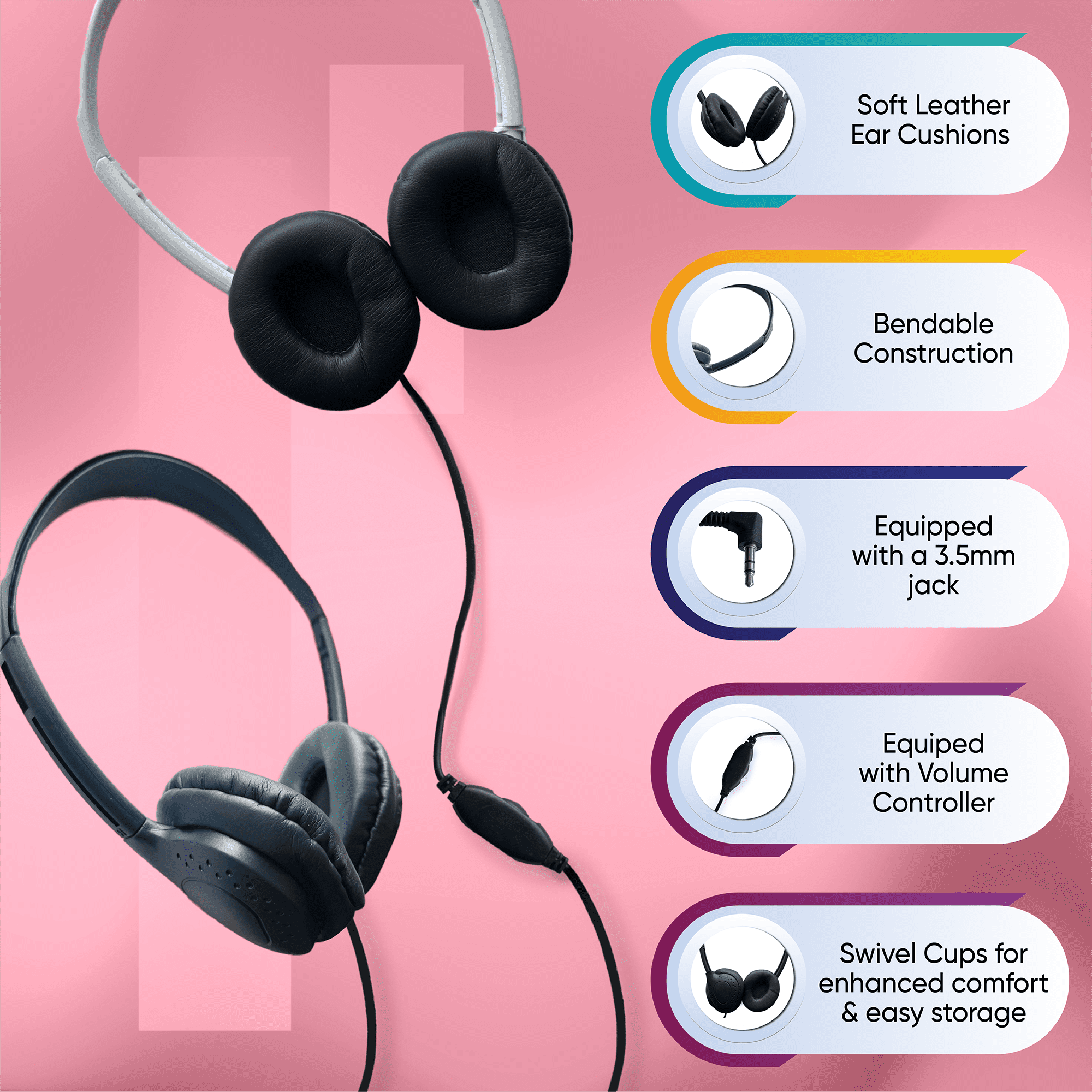Bulktech Wired On-Ear Leather Headphones with 3.5mm Connector and Remote Control for Volume, Bulk Wholesale, 200 Pack, Assorted Colors