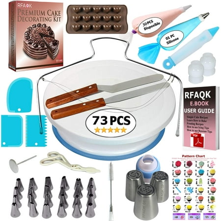 73 pcs Cake Decorating Supplies Kit for Beginners-1 Turntable stand-24 Numbered icing tips with pattern chart & E.Book-1 Cake Leveler-Straight & Angled Spatula-3 Russian Piping nozzles-Baking tools