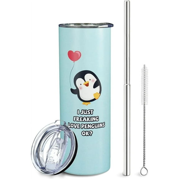 Blue 20 Oz Penguin Straw Cup - Insulated, Vacuum Sealed Stainless Steel Travel Tumbler - Penguin Lover Gift for Women, Men, Kids - Birthday, Valentine''s Day, Christmas