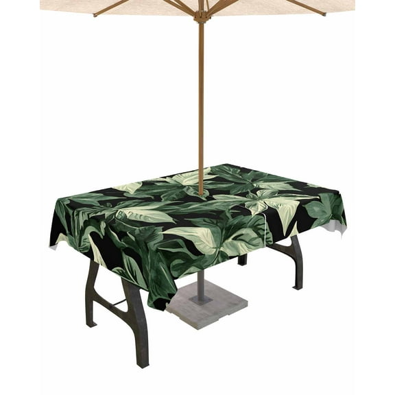 nqOlkjepod Tropical Leaf Outdoor Tablecloth with Umbrella Hole & Zipper, Summer Palm Tree Branch Nature Modern Rectangle Table Cover 60x84 Inch, Dining Waterproof Table Cloth Protector for Patio